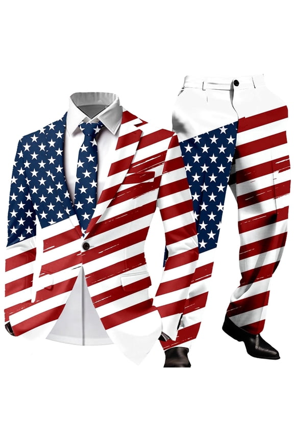 Independence Day Mens 2 Peice Suit Set Usa 250Th Anniversary Suits for Men Patriotic Usa Star Striped Long Sleeve Blazer Pants Cozy July 4Th Dress Outfits