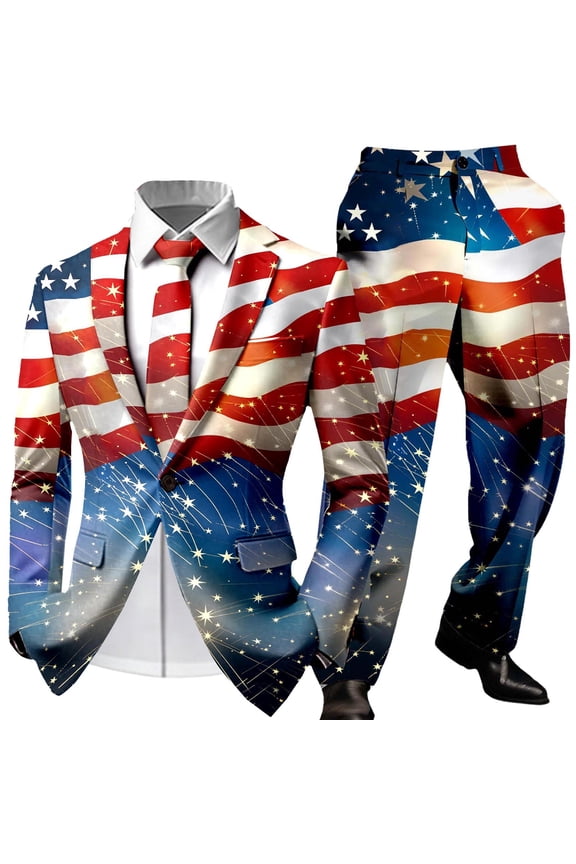 Independence Day Mens 2 Peice Suit Set Usa 250Th Anniversary Suits for Men Patriotic Usa Star Striped Long Sleeve Blazer Pants Cozy July 4Th Dress Outfits
