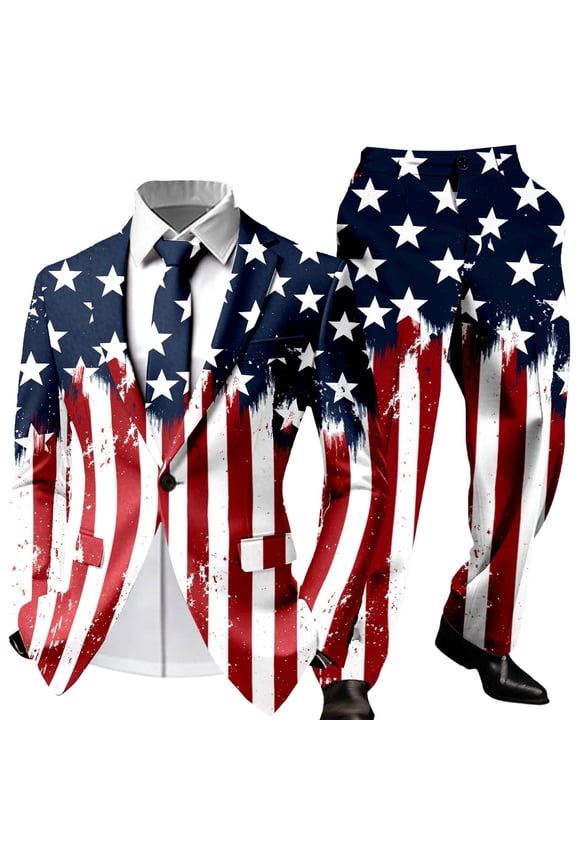 Independence Day Mens 2 Peice Suit Set Usa 250Th Anniversary Suits for Men Patriotic Usa Star Striped Long Sleeve Blazer Pants Cozy July 4Th Dress Outfits