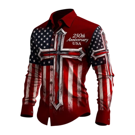 CONZONE Independence Day Mens Buttons Down Shirts Long Sleeve Patriotic Shirts for Men Trendy 250Th Anniversary Usa Flag Graphic Lapel Soft Lightweight Freedom Tops