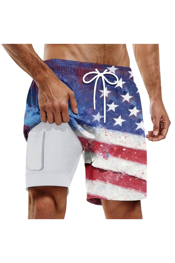 Independence Day Mens Swim Trunks With Mesh Liner Elastic Waist Drawstring 4Th Of July Beach Shorts for Men Patriotic Usa Flag Graphic Quick Dry Swimming Trunks With Pockets
