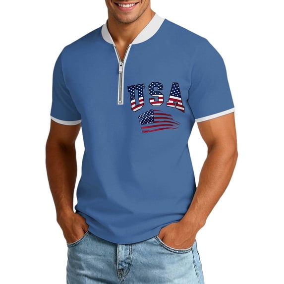 CONZONE Independence Day Mens T-Shirts Short Sleeve Zip T Shirts for Men Casual Crew Neck Patriotic Usa Flag Graphic Lightweight Tees Soft Cozy Athletic Tops