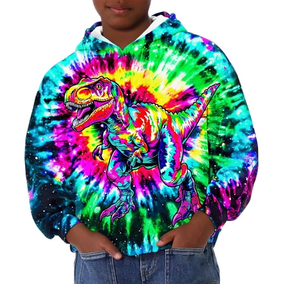 CONZONE Boys Hoodies Dinosaur Graphic Tie Dye Hooded Sweatshirts Fall Winter Pullover Boys Clothes Size 1-2 Years