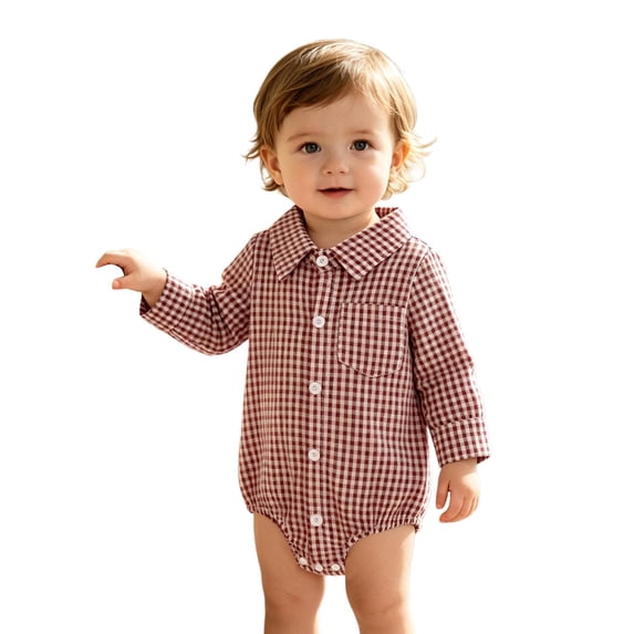 CONZONE Boys Plaid Romper Long Sleeve Lapel Buttons Jumpsuit for Kids Fall Winter Bodysuits for Boys