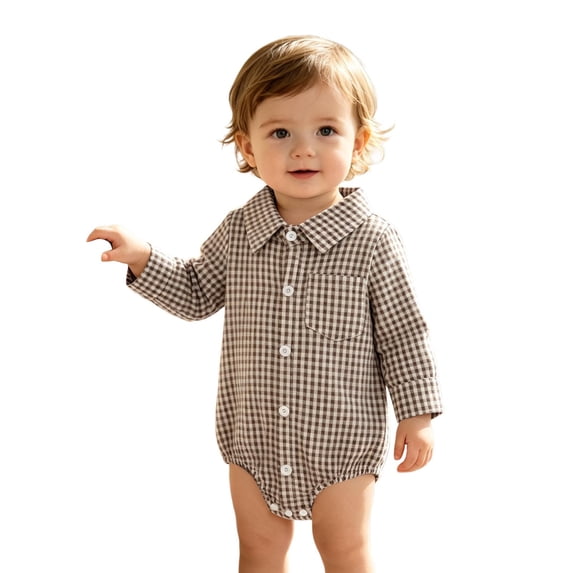 CONZONE Boys Plaid Romper Long Sleeve Lapel Buttons Jumpsuit for Kids Fall Winter Bodysuits for Boys