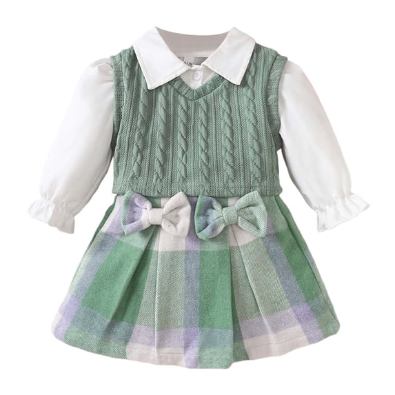 CONZONE Infant Girls Outfits 3 Piece Set Long Sleeve Warm Vest Sweater Shirt and Plaid Skirt Soft Fall Winter Clothes for Girls Size 1-2 Years