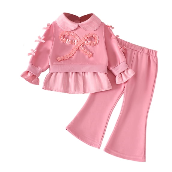 CONZONE Infant Girls Outfits Fall Winter 2 Piece Set Long Sleeve Ruffle Tops and Flared Pants with Bow Cute Girls Clothes Size 12-18 Months