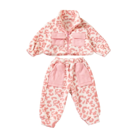 CONZONE Infant Girls Thermal Outfits 2 Piece Set Long Sleeve Leopard Print Zipper Tops and Jogger Pants Soft Thick Fall Winter Clothes for Girls Size 1-2 Years