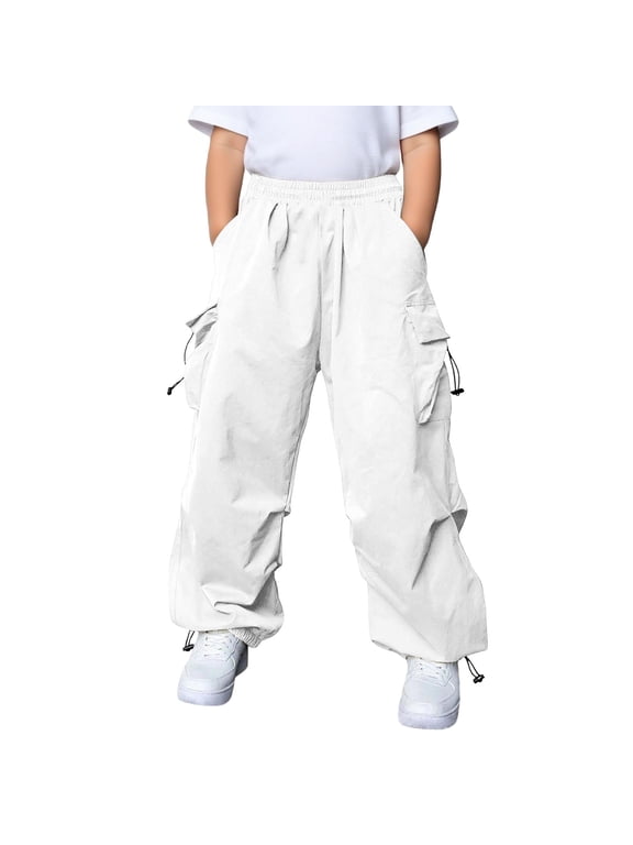 Kids Boys Cargo Pants Outdoor Baggy Hiking Pants For Child Elastic Waist Solid Color Wide Leg Jogger Trousers With Pockets