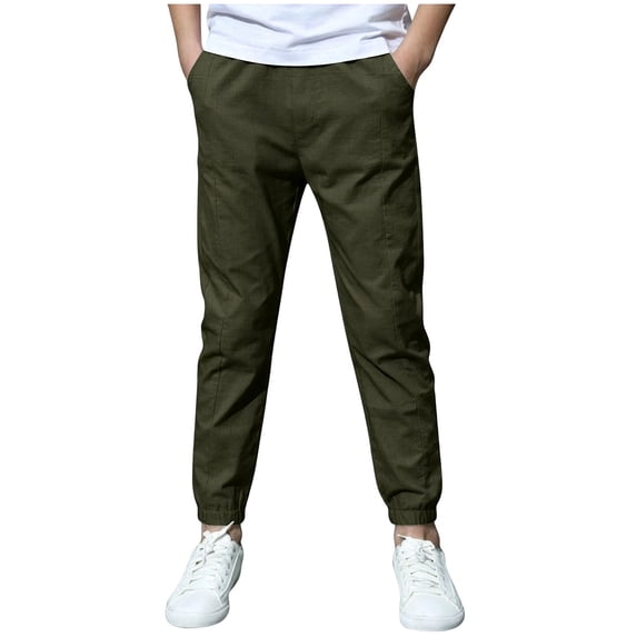 CONZONE Kids Boys Cotton Linen Pants Straight Leg Casual Pants for Child Elastic Waist School Athletic Jogger Pants with Pockets