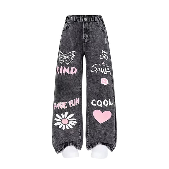 CONZONE Little Girls Jeans Straight Leg Graphic Ripped Denim Pants for Girls Elastic Waist Baggy Fall Trousers with Pockets Size 5-6 Years
