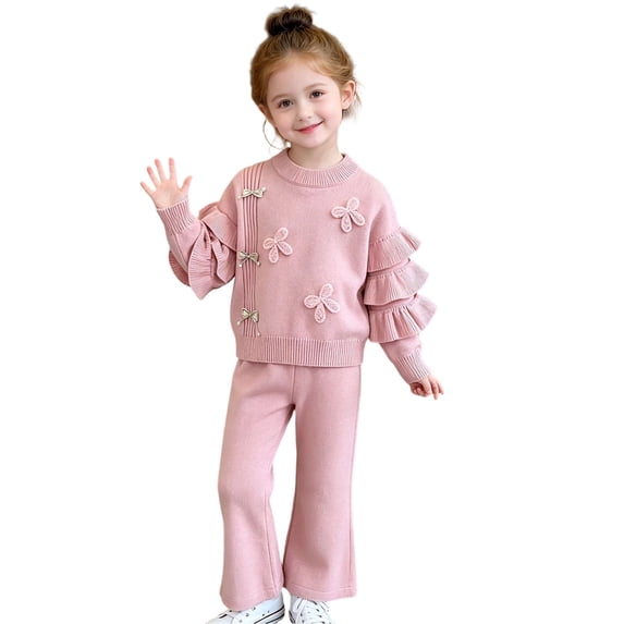 CONZONE Little Girls Outfits Fall Winter 2 Piece Set Long Sleeve Knit Bow Tops and Pants Soft Girls Clothes Size 6-7 Years