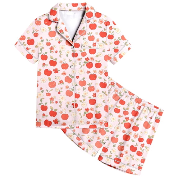 CONZONE Little Girls Pajama Set Short Sleeve Button Down Shirt and Shorts Floral Print Soft Sleepwear 2 Piece Pjs Set Size 6-7 Years