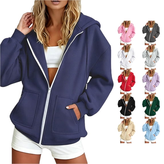 CONZONE Long Sleeve Hoodies For Women Drawstring Zipper Hooded Sweatshirts For Women Solid Color Cozy Fall Winter Womens Hoodies With Pocket