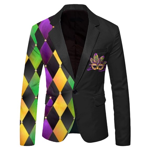 CONZONE Mardi Gras Men's Blazer Casual Suit Jacket for Men Fashion Graphic One Button Elegant Slim Fit Carnival Dress Jacket for Performance,Prom,Wedding