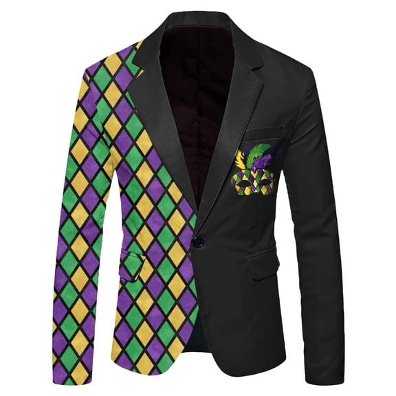 CONZONE Mardi Gras Men's Blazer Casual Suit Jacket for Men Fashion Graphic One Button Elegant Slim Fit Carnival Dress Jacket for Performance,Prom,Wedding