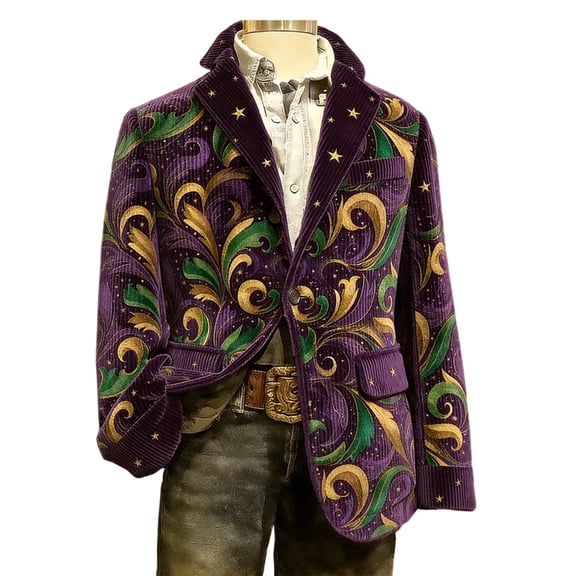 CONZONE Mardi Gras Men's Corduroy Blazer Casual Suit Jacket for Men Funny Embroidery One Button Elegant Slim Fit Carnival Dress Jacket for Performance,Prom,Wedding