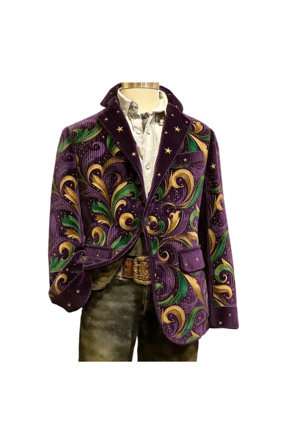Mardi Gras Men's Corduroy Blazer Casual Suit Jacket for Men Funny Embroidery One Button Elegant Slim Fit Carnival Dress Jacket for Performance,Prom,Wedding