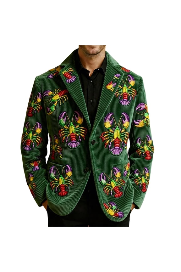 Mardi Gras Men's Corduroy Blazer Casual Suit Jacket for Men Funny Embroidery Two Buttons Elegant Slim Fit Carnival Dress Jacket for Performance,Prom,Wedding