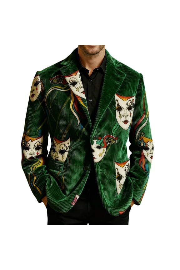 Mardi Gras Men's Corduroy Blazer Casual Suit Jacket for Men Funny Embroidery Two Buttons Elegant Slim Fit Carnival Dress Jacket for Performance,Prom,Wedding