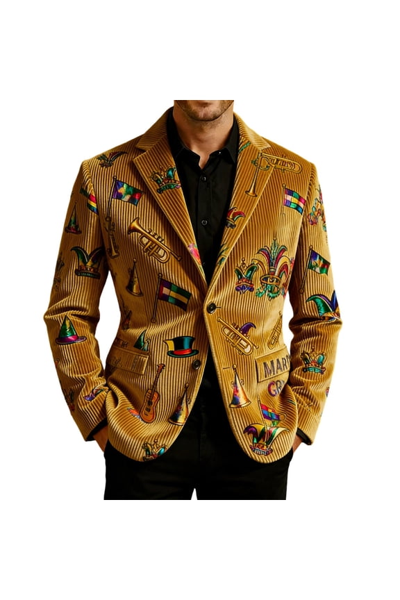 Mardi Gras Men's Corduroy Blazer Casual Suit Jacket for Men Funny Embroidery Two Buttons Elegant Slim Fit Carnival Dress Jacket for Performance,Prom,Wedding