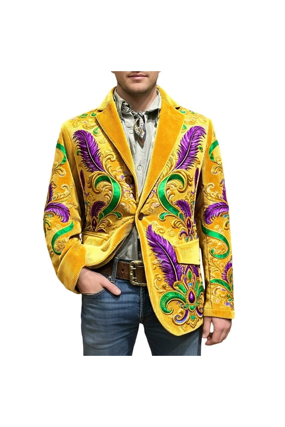 Mardi Gras Men's Corduroy Blazer Casual Suit Jacket for Men Funny Embroidery Two Buttons Elegant Slim Fit Carnival Dress Jacket for Performance,Prom,Wedding