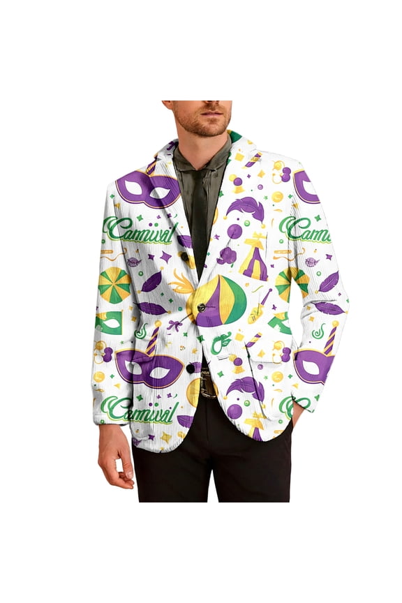 Mardi Gras Men's Corduroy Blazer Casual Suit Jacket for Men Funny Embroidery Two Buttons Elegant Slim Fit Carnival Dress Jacket for Performance,Prom,Wedding