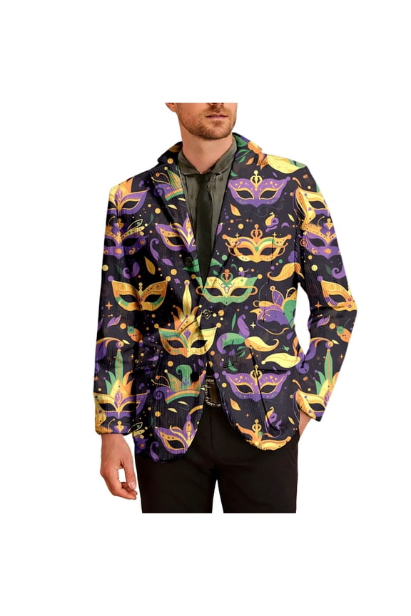 Mardi Gras Men's Corduroy Blazer Casual Suit Jacket for Men Funny Embroidery Two Buttons Elegant Slim Fit Carnival Dress Jacket for Performance,Prom,Wedding