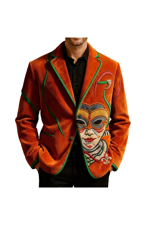 Mardi Gras Men's Corduroy Blazer Casual Suit Jacket for Men Funny Embroidery Two Buttons Elegant Slim Fit Carnival Dress Jacket for Performance,Prom,Wedding