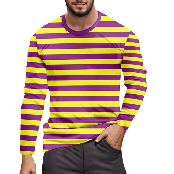 CONZONE Mardi Gras Men's T-Shirts Long Sleeve T Shirts for Men Casual Crew Neck Striped Lightweight Tees Soft Cozy Carnival Tops
