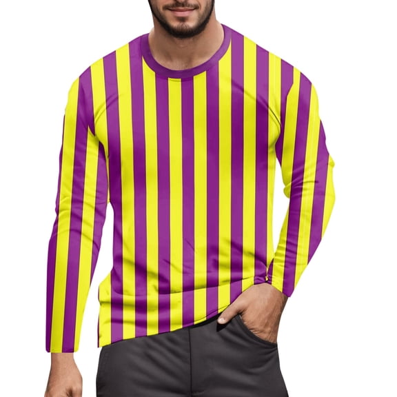 CONZONE Mardi Gras Men's T-Shirts Long Sleeve T Shirts for Men Casual Crew Neck Striped Lightweight Tees Soft Cozy Carnival Tops