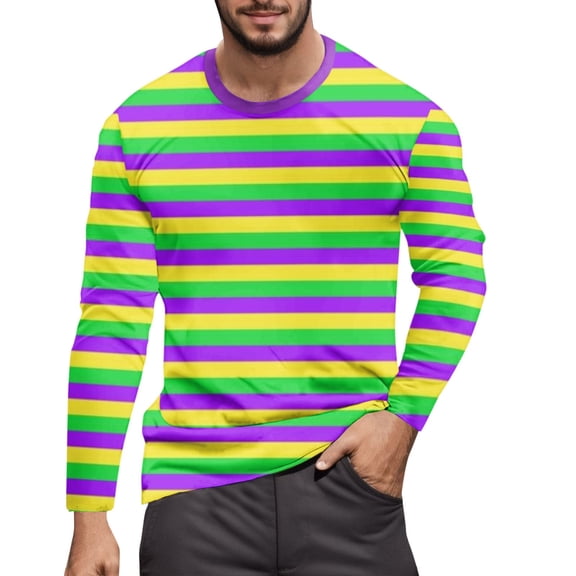 CONZONE Mardi Gras Men's T-Shirts Long Sleeve T Shirts for Men Casual Crew Neck Striped Lightweight Tees Soft Cozy Carnival Tops