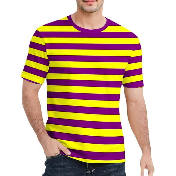 CONZONE Mardi Gras Men's T-Shirts Short Sleeve T Shirts for Men Casual Crew Neck Striped Lightweight Tees Soft Cozy Carnival Tops