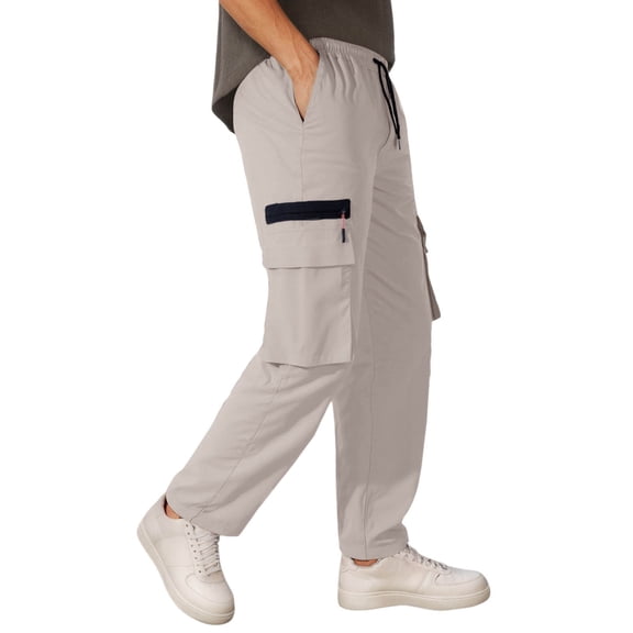 CONZONE Men'S Baggy Cargo Pants Casual Wide Leg Hiking Pants for Men Solid Color Elastic Waist Drawstring Soft Cozy Athletic Joggers With Pockets