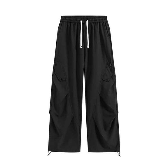 CONZONE Men'S Baggy Cargo Pants Casual Wide Leg Sweat Pants for Men Solid Color Pleated Elastic Waist Drawstring Soft Cozy Athletic Joggers With Pockets