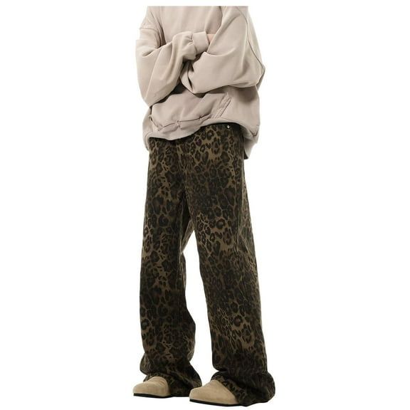 CONZONE Men'S Baggy Jeans Casual Wide Leg Jeans for Men Leopard Y2K Elastic Waist Drawstring Soft Cozy Denim Pants With Pockets