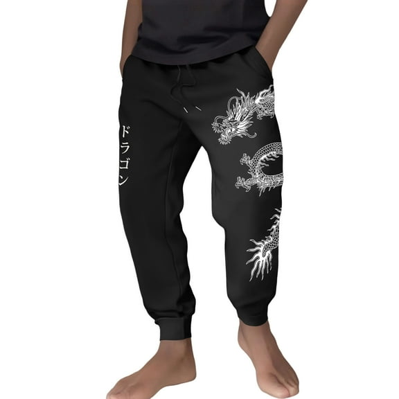 CONZONE Men'S Baggy Sweatpants Casual Wide Leg Sweat Pants for Men Dragon Graphic Y2K Elastic Waist Drawstring Soft Cozy Athletic Joggers With Pockets