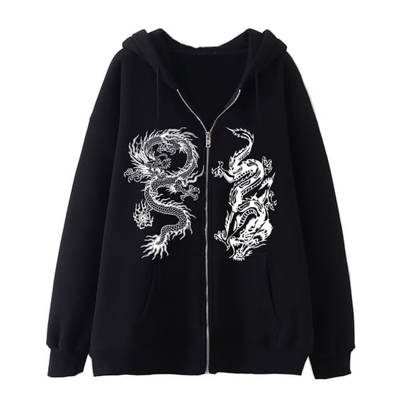 CONZONE Men's Fleece Hoodies Long Sleeve Pullover Hoodie for Men Zip Up Dragon Graphic Y2K Winter Warm Hooded Sweatshirts With Pocket