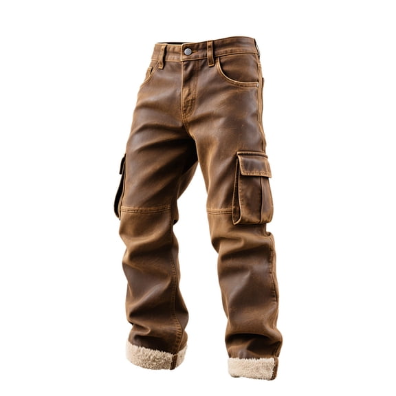 CONZONE Men'S Leather Cargo Pants Casual Wide Leg Pu Leather Pants for Men Solid Color Buttons Fall Winter Athletic Trousers With Pockets