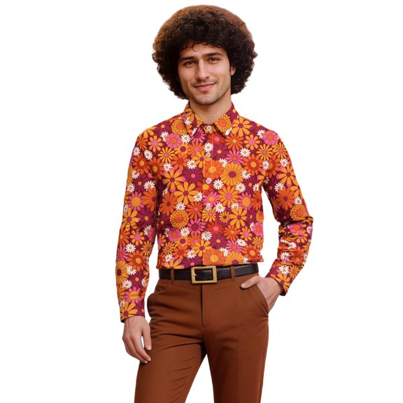 CONZONE Men's 70S Buttons Down Shirts Long Sleeve Hip Pop Shirts For Men Trendy Carnival Floral Graphic Lapel Soft Lightweight Tops