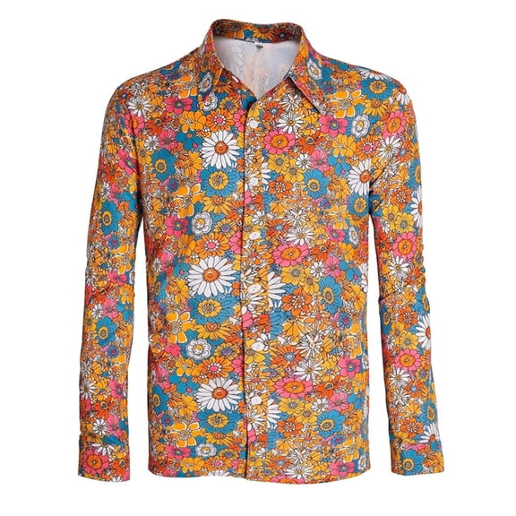 CONZONE Men's 70S Buttons Down Shirts Long Sleeve Hip Pop Shirts For Men Trendy Carnival Floral Graphic Lapel Soft Lightweight Tops