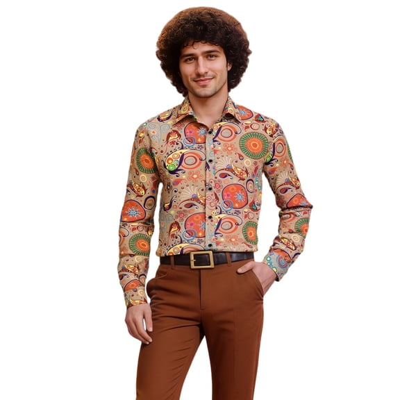 CONZONE Men's 70S Buttons Down Shirts Long Sleeve Hip Pop Shirts For Men Trendy Carnival Floral Graphic Lapel Soft Lightweight Tops
