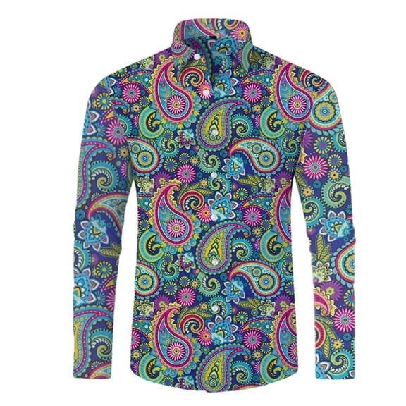 CONZONE Men's 70S Disco Shirts Long Sleeve Shirts For Men Trendy Carnival Floral Graphic Lapel Soft Lightweight Tops
