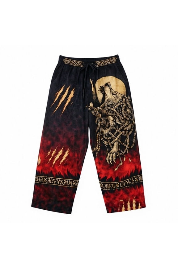 Men's Baggy Linen Pants Viking Wide Leg Pants for Men Trendy Elastic Waist Drawstring Norse Mythology Graphic Y2K Soft Casual Joggers Pant With Pockets