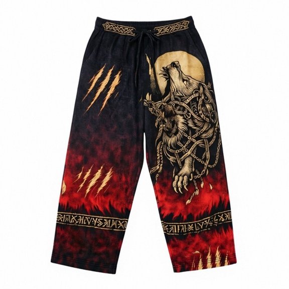 CONZONE Men's Baggy Linen Pants Viking Wide Leg Pants for Men Trendy Elastic Waist Drawstring Norse Mythology Graphic Y2K Soft Casual Joggers Pant With Pockets