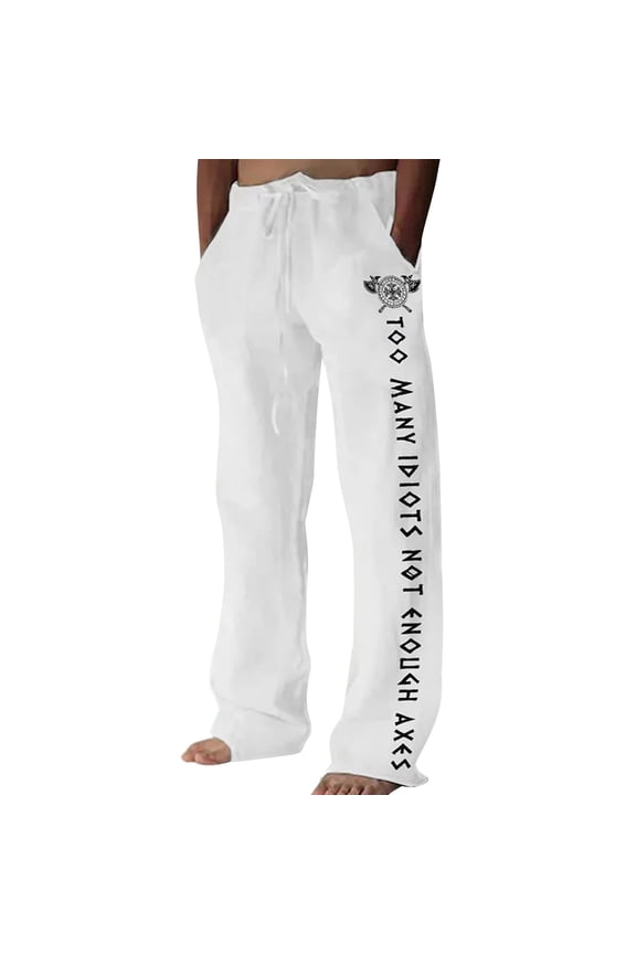 Men's Baggy Linen Pants Wide Leg Pants for Men Trendy Elastic Waist Viking Mythology Graphic Y2K Soft Streetwear Joggers With Pocket