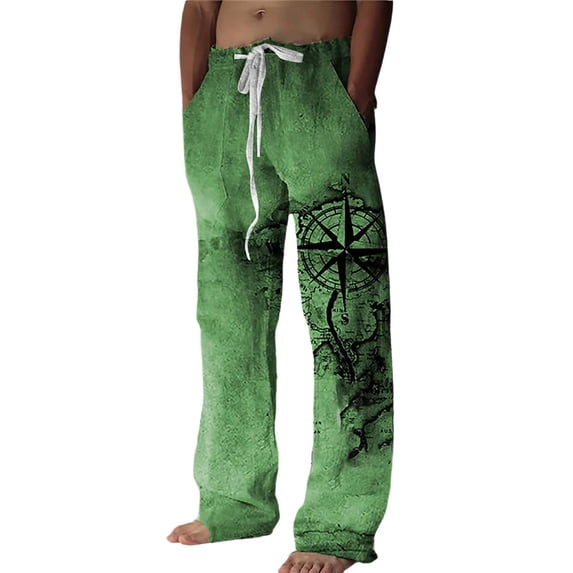 CONZONE Men's Baggy Linen Pants Wide Leg Pants for Men Trendy Elastic Waist Viking Mythology Graphic Y2K Soft Streetwear Joggers With Pocket