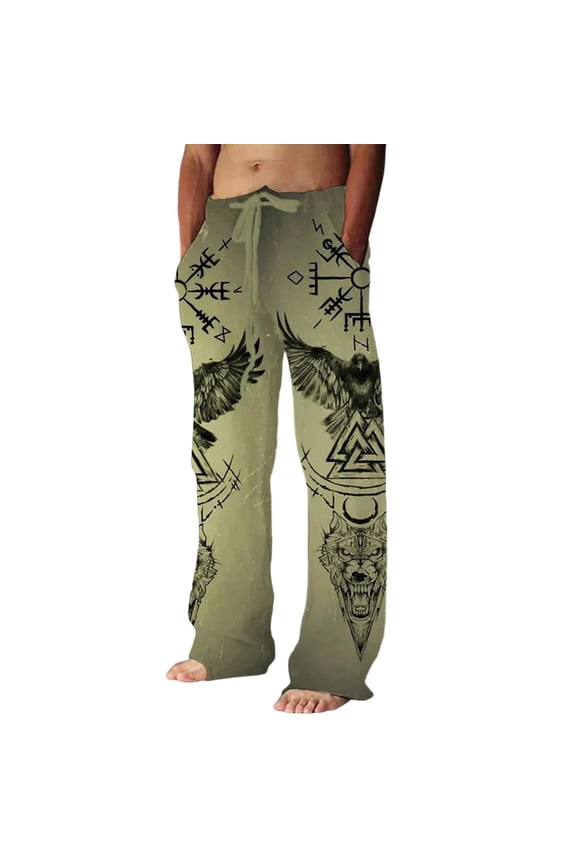 Men's Baggy Linen Pants Wide Leg Pants for Men Trendy Elastic Waist Viking Mythology Graphic Y2K Soft Streetwear Joggers With Pocket