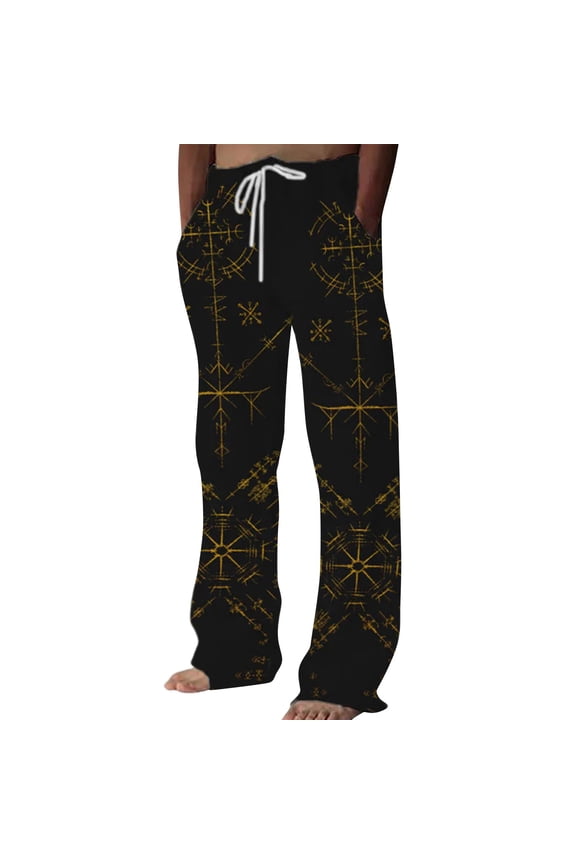 Men's Baggy Linen Pants Wide Leg Pants for Men Trendy Elastic Waist Viking Mythology Graphic Y2K Soft Streetwear Joggers With Pocket