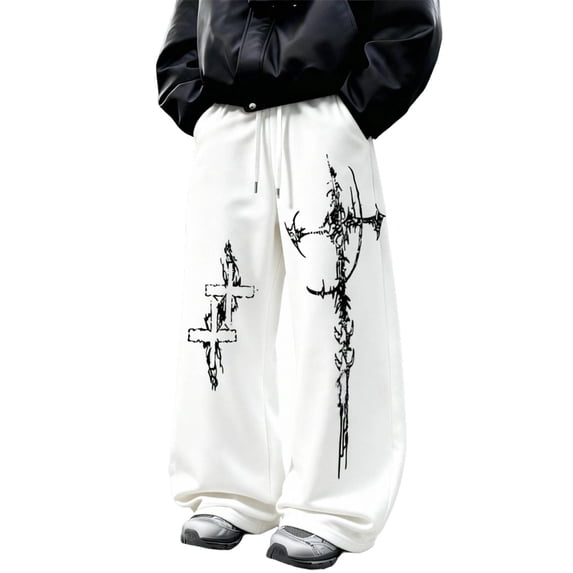 CONZONE Men's Baggy Sweatpants Gothic Wide Leg Pants for Men Trendy Elastic Waist Graphic Y2K Soft Streetwear Joggers With Pocket